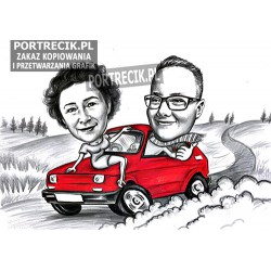 Karykatura pary w czerwonym maluchu (Fiat 126p)
