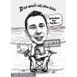 karykatura mężczyzny na plaży na 30tkę