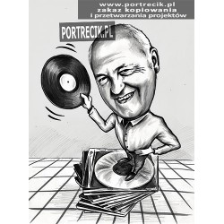 Karykatura melomana z płytami