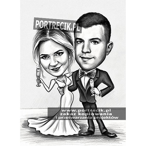 Karykatura ślubna z lampkami szampana