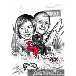 Karykatura pary wędkującej...