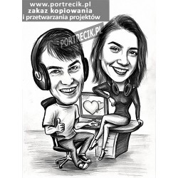 Karykatura pary przy komputerze