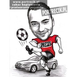 Karykatura piłkarza prezesa z samochodem w tle