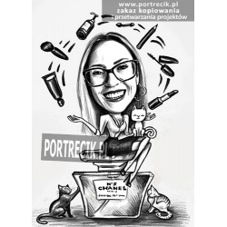 Karykatura kosmetyczki makijażystki na perfumach Chanel