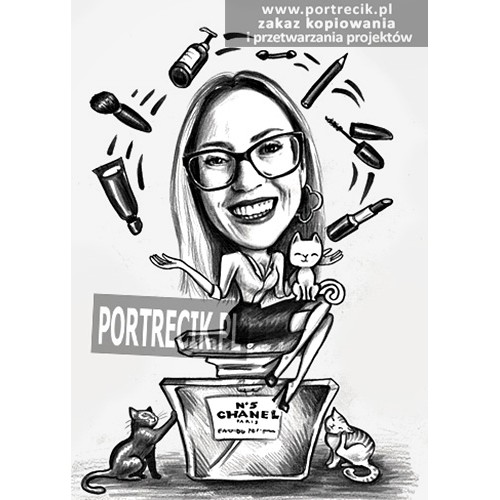 Karykatura kosmetyczki makijażystki na perfumach Chanel