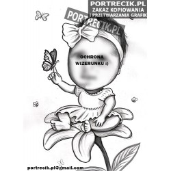 karykatura na chrzest lub roczek dziewczynka na kwiatku