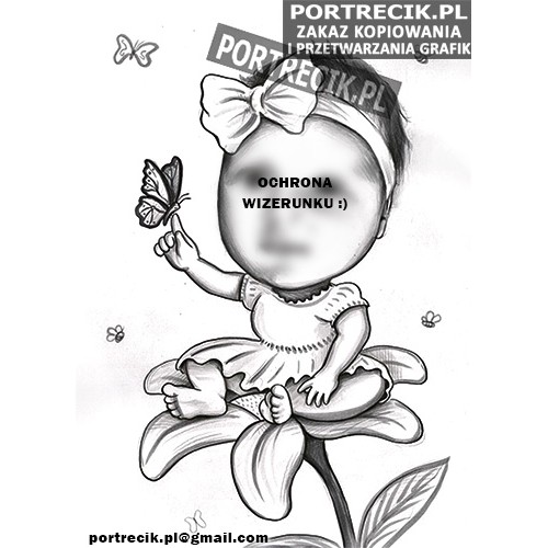 karykatura na chrzest lub roczek dziewczynka na kwiatku