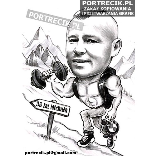 karykatura wspinaczka z hantlem i kluczykami