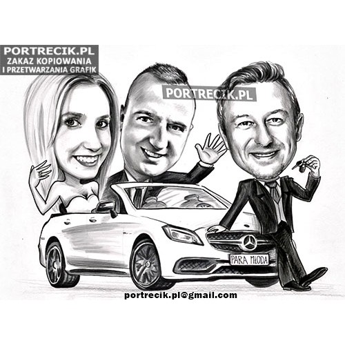 Karykatura ślubna z samochodem i kierowcą