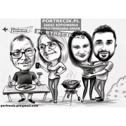 Karykatura na podziękowania dla rodziców - rodzice i młodzi na grillu