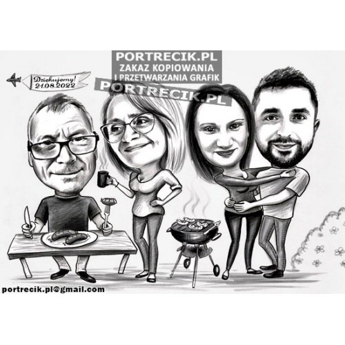 Karykatura na podziękowania dla rodziców - rodzice i młodzi na grillu