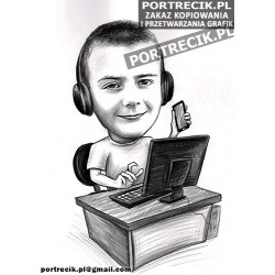 Karykatura chłopca - gracza przy komputerze