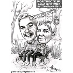 Karykatura pary na pomoście nad jeziorem
