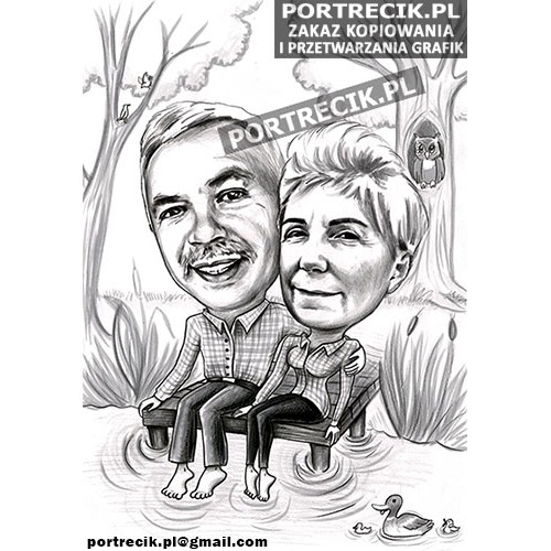 Karykatura pary na pomoście nad jeziorem