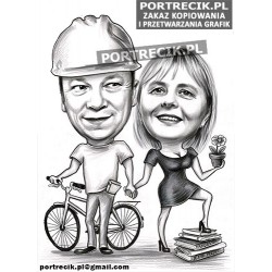 Karykatura pary nauczycielki i budowlańca