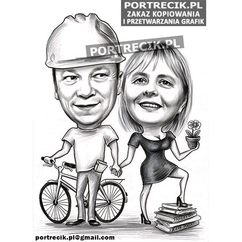 Karykatura pary nauczycielki i budowlańca