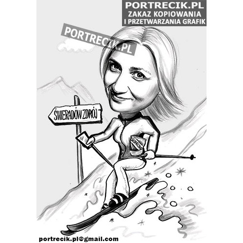 Karykatura narciarki na stoku