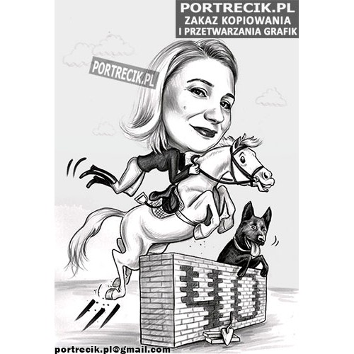 Karykatura kobiety jazda konna skok przez przeszkodę