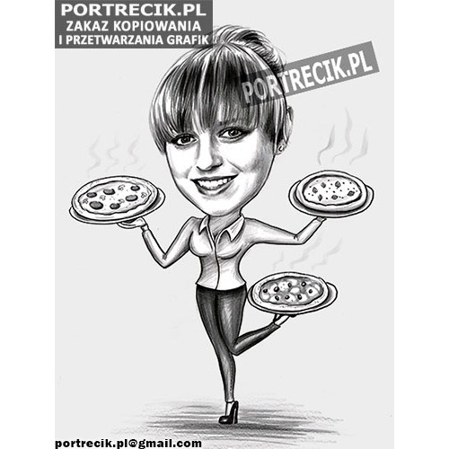 Karykatura kelnerki trzymającej pizzę