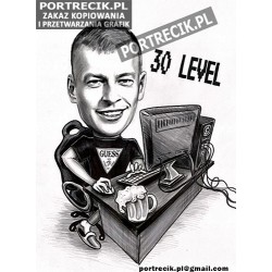 Karykatura gracza gamera przy komputerze