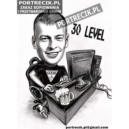 Karykatura gracza gamera przy komputerze