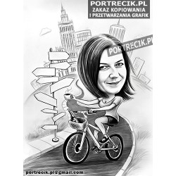 Karykatura rowerzystki podróżniczki