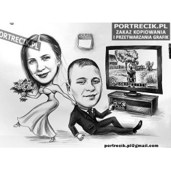 Karykatura ślubna z graczem i konsolą