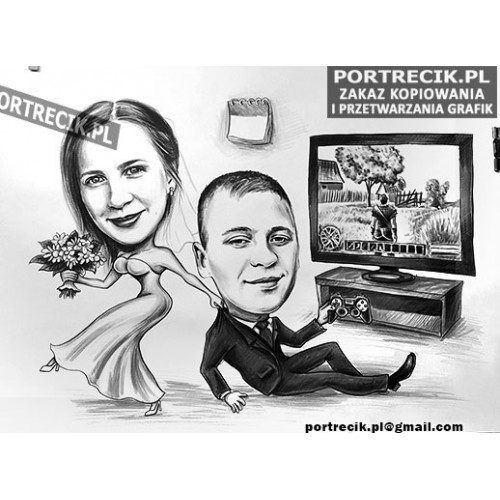 Karykatura ślubna z graczem i konsolą