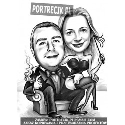 Karykatura pary na fotelu z cygarem i pejczem