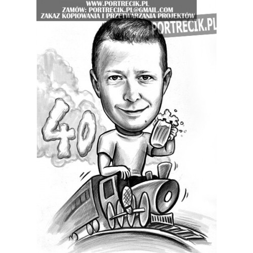 Karykatura z pociągiem i piwem na 40 urodziny