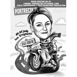 Karykatura kobiety na ścigaczu