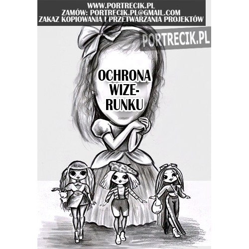 karykatura dziewczynki - księżniczka w towarzystwie lalek