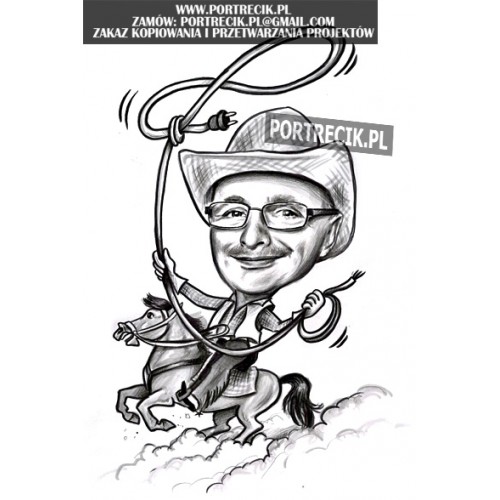 karykatura mężczyzny - elektryka na koniu