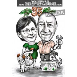 Karykatura rocznicowa pary - grzyby, pies, kot i rybki