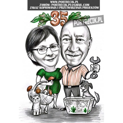 Karykatura rocznicowa pary - grzyby, pies, kot i rybki