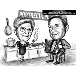 Karykatura małżeństwa- mężczyzna w fotelu z akordeonem oraz kobieta w kuchni.