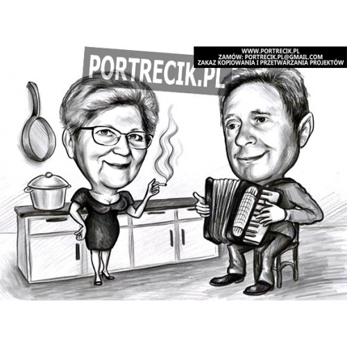 Karykatura małżeństwa- mężczyzna w fotelu z akordeonem oraz kobieta w kuchni.