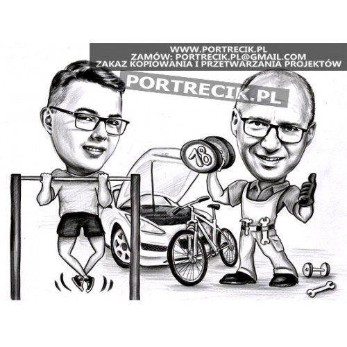 karykatura mechanika z synem - warsztat i siłownia