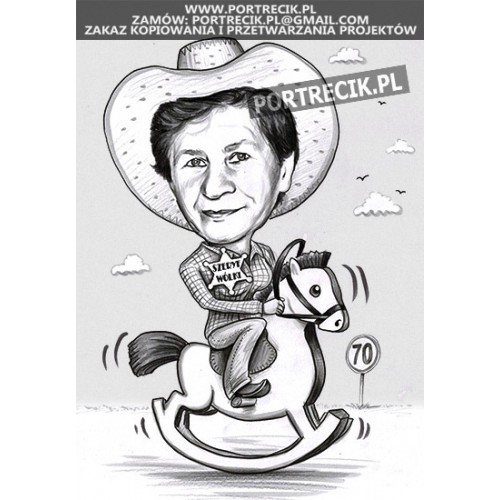 Karykatura kowbojki na koniku na biegunach western