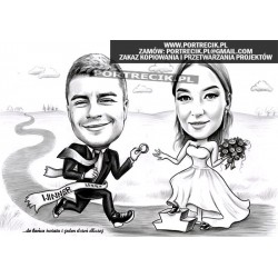 karykatura ślubna - biegacz z obrączką i panna młoda na podium