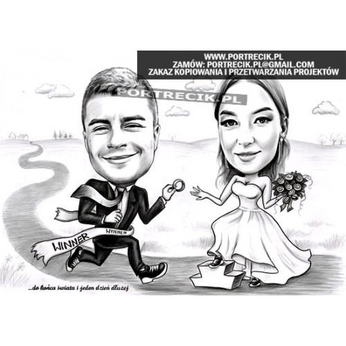 karykatura ślubna - biegacz z obrączką i panna młoda na podium