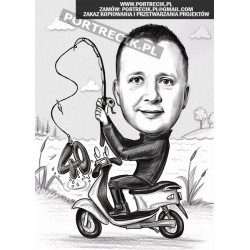 Karykaturza wędkarza na skuterze na czterdziestkę