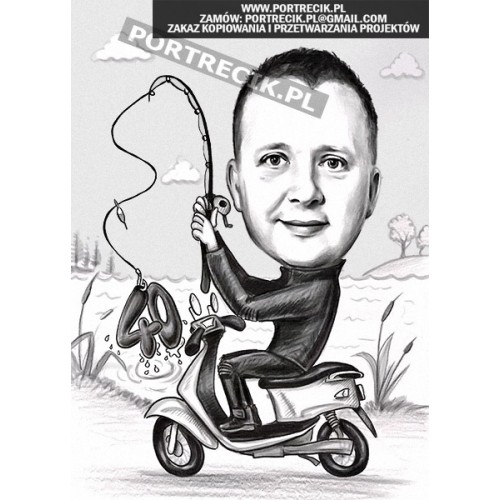 Karykaturza wędkarza na skuterze na czterdziestkę