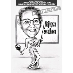 Karykatura świadkowej - nauczycielki przy tablicy