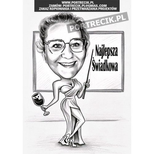 Karykatura świadkowej - nauczycielki przy tablicy