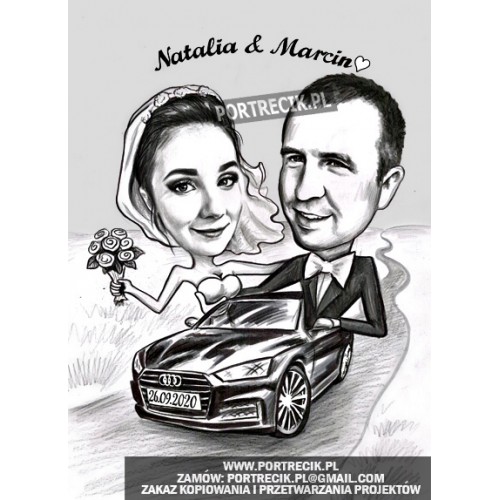 Karykatura pary nowożeńców jadącej do ślubu