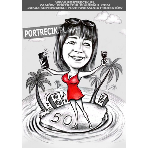 Karykatura urodzinowa imprezowiczki na 50-te urodziny