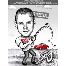 karykatura wędkarza na czterdzieste urodziny z autem
