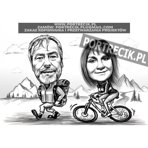 Karykatura pary w górach rowerzystki i miłośnik wędrówek