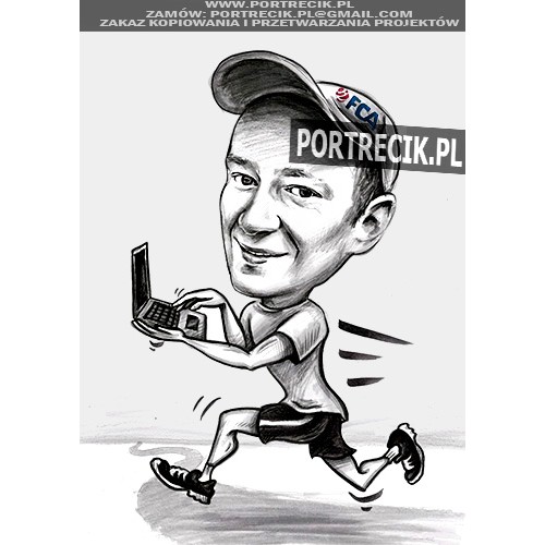 karykatura biegacza z komputerem, jogging